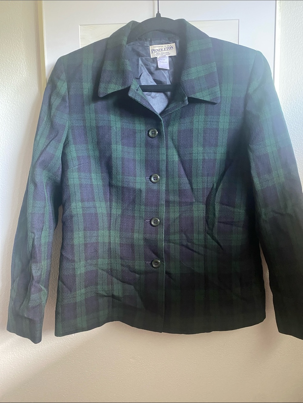 Pendleton Green and Black Plaid Wool Blazer, Sz 6